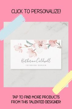 a business card with pink flowers on it and the words, click to personalize