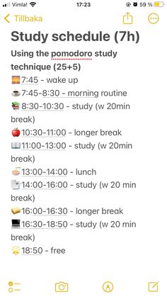 the text reads study schedule 7h using the pomodor study technique