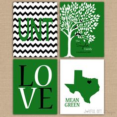 four green cards with black and white chevrons on them, one is love