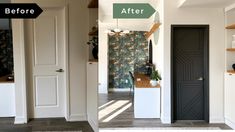 before and after photos of a kitchen remodel with white cabinets, black doors and green wallpaper