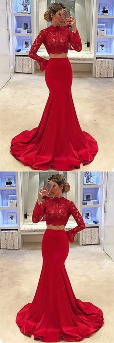 2019 Dos piezas de cuello alto de manga larga satinado con vestidos de baile de fin de curso de sirena de ap Red Mermaid Prom Dress With Sleeves, Red Fitted Long Sleeve Evening Dress, Wine Red Prom Dress Long Sleeve, Red Long Sleeve Mermaid Prom Dress, Red Long Sleeve Evening Sets, Mermaid Ball Gowns, Party Dress Classy, Wedding Apparel, Bridesmaid Dress Sizes