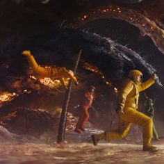 two men in yellow suits are running through the space with an alien like creature behind them