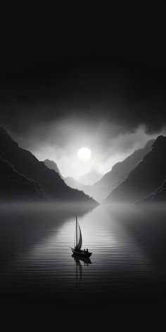 a boat floating on top of a body of water under a cloudy sky with mountains in the background