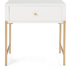 a white table with gold legs and a drawer on the bottom, in front of a white background