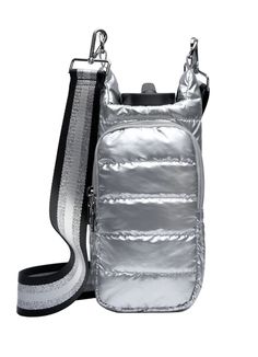 WanderFull Silver Metallic HydroBag with Striped Strap Cheap Silver Travel Shoulder Bag, Affordable Silver Travel Shoulder Bag, Water Bottle Sleeve, Water Bottle Pouch, Bottle Sling, Water Bottle Bag, Water Bottle Carrier, Oprahs Favorite Things, Bottle Sleeves