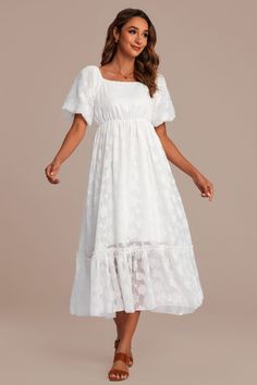 White Flowy Smocked Dress With Bodice And Square Neck, Casual Smocked Dress With Ruched Bodice And Square Neck, Flowy Smocked Dress With Square Neck And Smocked Bodice, Modest Square Neck Dress With Ruffles, Modest Fitted Puff Sleeve Summer Dress, Billowy Puff Sleeve Dress With Square Neck, Flowy Smock Dress With Square Neck, Billowy Smocked Dress With Short Sleeves, Billowy Square Neck Smocked Summer Dress