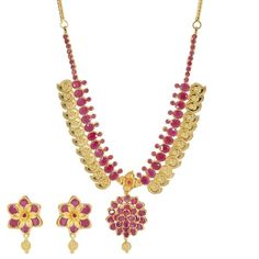 Heavy Ruby Jewelry Sets For Festive Season, Ruby Temple Necklace, Heavy Ruby Jewelry Sets For Festivals, Ruby Jewelry Sets For Celebration And Festivals, Formal Ruby Temple Necklace, Formal Ruby Temple Necklace For Festivals, Festive Ruby Jewelry Sets For Celebrations, Gold Ruby Temple Necklace, Festive Yellow Gold Temple Necklace With Ruby