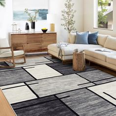 a living room filled with furniture and a large rug on top of a wooden floor