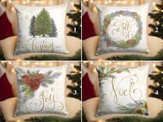 four christmas pillows with pine cones and evergreens on them, all decorated in gold lettering