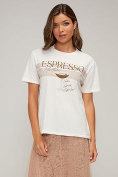 There's only one way to improve on coffee. Soft and comfy (like that super lived-in T-shirt left over from your last relationship), the Ryan Ex-Boyfriend Tee is a lightweight, cotton-blend crewneck with a relaxed, slightly oversized fit. Front Quote: 'ESPRESSO Martini; Vodka Espresso Coffee Liquer' Coffee Color Crew Neck T-shirt For Everyday, Coffee Colored Relaxed Fit T-shirt With Slogan, White Graphic Print T-shirt For Brunch, Crew Neck Logo T-shirt For Loungewear, Cotton T-shirt With Letter Print For Brunch, Coffee Crew Neck Top With Slogan, Coffee Colored Crew Neck Top With Slogan, Coffee Color Crew Neck Top With Text Print, Coffee Color Text Print Crew Neck Top