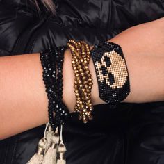 This Listing Is For The Black And Gold Skull Bracelet. It Is Gorgeous, It Can Be Worn By Itself Or Layered As Shown In First And Second Picture. Handmade Bracelet, Handmade In Mexico Handmade With Love Adjustable To Any Wrist. Black Hand Wrapped Wrap Bracelet For Festival, Black Hand Wrapped Beaded Bracelets For Festival, Hand Wrapped Black Beaded Bracelets For Festivals, Festival Hand-wrapped Black Beaded Bracelets, Beaded Black Friendship Bracelet For Party, Black Hand Wrapped Bracelets For Festivals, Black Hand Wrapped Festival Bracelets, Party Black Beaded Friendship Bracelet, Casual Black Beaded Bracelets