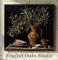 an oil painting of olives and bread on a table with the words english oaks studio