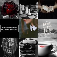 black and white collage with red rose, book, typewriter, chess board