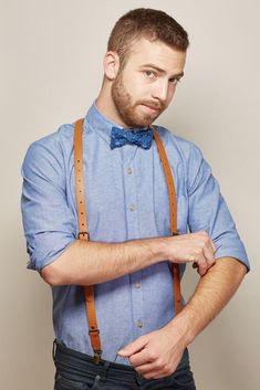 Tan Leather Suspenders for Men made in USA - Suspenders & Bow Tie Look for Men Chucky Shirt, Short Sleeve Flannel, Blue Shirts, Collar Fashion, Denim Joggers, Create Shirts, Twill Shorts