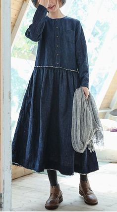 Elegant Women Cotton Linen Blue Maxi Dresses For Fall Casual Long Sleeve Long Dress For Spring, Casual Long Sleeve Non-stretch Maxi Dress, Blue Casual Relaxed Fit Dress, Casual Non-stretch Long Sleeve Dress, Blue Casual Dress With Relaxed Fit, Non-stretch Long Sleeve Casual Dress, Blue Cotton Relaxed Fit Maxi Dress, Navy Cotton Midi Dress For Spring, Cotton Long Sleeve Midi Dress