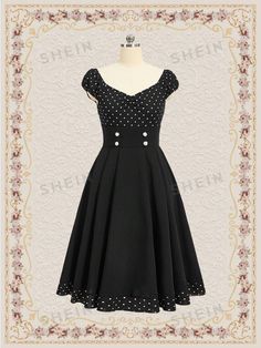 This Sweetheart Polka Dot Pleated Dress features a flattering sweetheart neckline and charming polka dot pattern. The pleated design adds a touch of elegance, while the fake button detail adds a fun and unique element. Perfect for any occasion, this dress will make you feel confident and stylish. Color : Black Style : Elegant Details : Ruched Type : A Line Pattern Type : Polka Dot Sleeve Length : Cap Sleeve Neckline : Sweetheart Lined For Added Warmth : No Sleeve Type : Puff Sleeve Waist Line : Fitted Polka Dot Dress With Sweetheart Neckline, Elegant Polka Dot Dress With Sweetheart Neckline, Fitted Dress With Buttons And Sweetheart Neckline, Elegant Polka Dot Dresses With Buttons, Line Pattern, Line Patterns, Polka Dot Pattern, Black Style, Type A