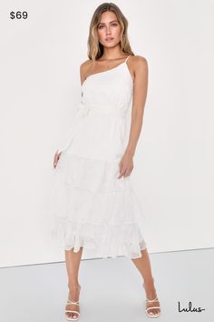 You'll always leave your mark on the soiree when you wear the Lulus Gorgeous Impression White Embroidered One-Shoulder Midi Dress! Airy woven fabric shapes this adorable dress that has pierced floral embroidery throughout. A single adjustable spaghetti straps supports a one-shoulder neckline tops a flattering darted bodice that continues down to an elasticized waist with a removable sash tie. Skirt boasts an A-line silhouette and falls in luxurious tiers of full ruffles, finishing at a midi hem. Tie Embroidery, Leave Your Mark, Shoulder Ruffle Dress, One Shoulder Midi Dress, Tie Skirt, Lulu Fashion, Blue Midi Dress, White Midi Dress, Dress 100