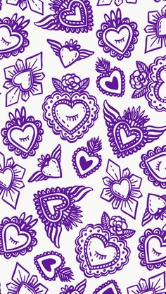 purple hearts and wings on white background