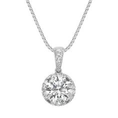 Twenty-one sparkling round diamonds  at approximately .15 carat total weight  serve as the perfect backdrop to the center stone of your choice at approximately .75 carat in this dazzling 14 karat white gold halo pendant.  The design hangs from an 18-inch matching box chain. Please contact a customer service representative for additional information or questions regarding your center stone selection. Antique Amethyst Ring, Lace Wallpaper, Engagement Necklace, Round Diamond Halo, Round Diamond Pendant, Fine Necklace, Necklace Locket, Customer Service Representative, Diamond Pendants