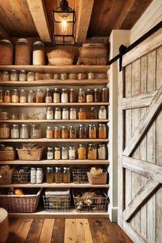 an open pantry with lots of jars and baskets