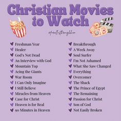 the christian movies to watch list is shown on a purple background with hearts and popcorn