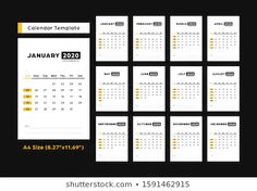 a set of calendars for the year 2020 - 21 with yellow lines on black background