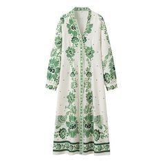 F00268229-104 White Long Midi Dress For Spring, White Long Sleeve Dress With Floral Print For Spring, White Long Sleeve Floral Dress For Fall, Green Long Sleeve Midi Dress For Vacation, Green Long Sleeve Midi Dress For Beach, Green Long Floral Print Dress, Long Green Floral Print Dresses, White Long Sleeve Maxi Dress For Spring, Loose Long Sleeve Dress