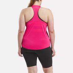 When it's time to get your heart rate up, reach for this women's Reebok tank top. Speedwick moves sweat away from you to keep you dry on stair sprints in the park or HIIT sessions at the gym. A mesh back adds ventilation for a breezy feel. Racerback Moisture-wicking Tank Top For Gym, Moisture-wicking Racerback Tank Top For Gym, Athleisure Racerback Sports Tank Top, Athletic Fit Moisture-wicking Racerback Tank Top, Moisture-wicking Athletic Fit Racerback Tank Top, Athletic Fit Racerback Tank Top With Moisture-wicking, Sportswear Racerback Tank Top Sweat Resistant, Medium Support Racerback Tank Top For Sports, Pink Racerback Sports Top