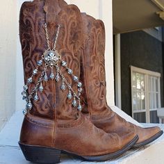 Boot Jewelry One Of A Kind Handmade Silver Crystal Beaded Boot Bracelet Cowgirl With Matching Earrings Style Awarded A Blue Ribbon From The State Fair Of Texas In 2023! Very Simple Design The Top Chains Secure Behind The Pull With A Lobster Clasp! Jewelry Won't Move Around Or Accidentally Be Stepped On, I Designed These To Be Worn Even While Dancing! This Is A Very Unique Piece Of Boot Jewelry! The Focal Point Of This Bootlery Is An Incredibly Ornate, Art Deco Style Component, Boasting 2 Chains State Fair Of Texas, Boot Bracelet, Boot Bling, Boot Jewelry, State Fair, Silver Crystal, Blue Ribbon, Art Deco Style, Deco Style