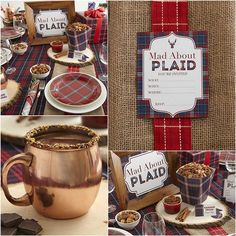 there are many different pictures of food and drink on the table together, including mugs