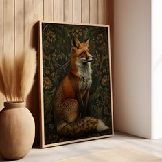 a painting of a red fox sitting on top of a table next to a vase