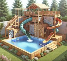 an artist's rendering of a backyard with a pool, slide and play area