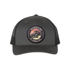 Hats-Richardson Adventure is Calling - Goats Trail Black Cap For Camping, Black Snapback Baseball Cap For Camping, Black Snapback Trucker Hat For Camping, Black Trucker Hat For Travel, Black Curved Brim Hat For Camping, Black Baseball Cap For Hiking, Black Snapback Hat For Hiking, Black Snapback Baseball Cap For Hiking, Black Trucker Baseball Cap For Camping