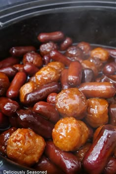 hot dogs and sausages are cooked in the slow cooker to make barbecue meat