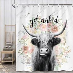 a shower curtain with an image of a cow and the words get naked on it