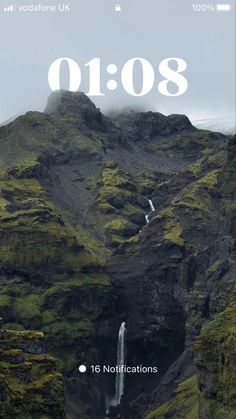 an image of a waterfall in the middle of a mountain range with text over it that reads 0108 notifications