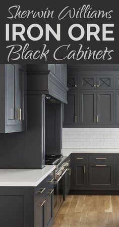 Sherwin Williams Iron Ore Black Cabinets Gray Cabinets Brass Hardware, Charcoal Gray Kitchen Cabinets, White Subway Tile Kitchen, Dark Grey Kitchen Cabinets, Backsplash With Dark Cabinets, Luxury Kitchen Cabinets, Modern Grey Kitchen, Серая Кухня, Grey Kitchen Designs