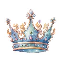 a watercolor drawing of a blue crown with gold trimmings and jewels on it