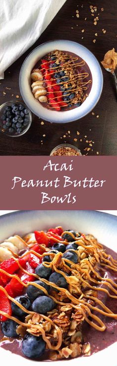 an image of peanut butter bowl with fruit and nuts in it on a plate next to a spoon