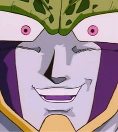 the face of an anime character with green leaves on his head and pink eyes, smiling