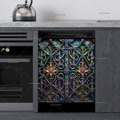 an oven and microwave in a kitchen next to a counter with a tea kettle on it