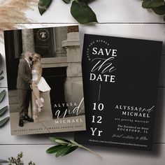 two wedding save the dates cards with greenery