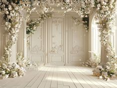 an archway decorated with flowers and greenery in a white walled room that looks like a palace