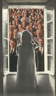 a woman standing in front of an open window looking at a large group of people