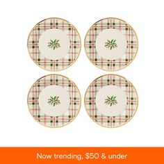 four christmas plates with the words now trending, $ 50 & under on them