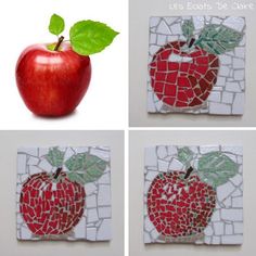 four different pictures of an apple made out of mosaic tiles