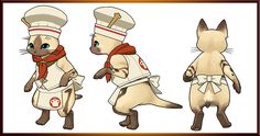 three different poses of a cat in chef's hats and aprons, with one standing on its hind legs