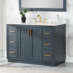 a bathroom vanity with two sinks and a mirror on the wall above it, along with a potted plant