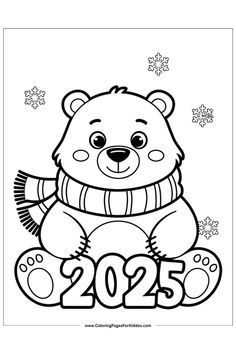 A cute polar bear wearing a scarf, perfect for a wintery New Year’s activity. Happy New Year Coloring Pages For Kids, January Coloring Pages Free Printable, January Coloring Pages, Student Crafts, New Year Coloring Pages, Detailed Coloring Pages, New Start, Grade School, Winter Crafts