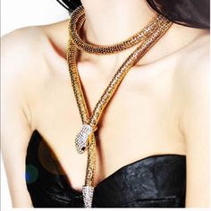 New Gold Crystal Snake Long Pendant Necklace Adjustable Clavicle Chain Jewelry For Evening, Glamorous Party Jewelry With Clavicle Chain, Glamorous Party Clavicle Chain Jewelry, Glamorous Party Choker Jewelry, Snake Chain Metal Jewelry For Parties, Party Jewelry Snake Chain, Elegant Snake Chain Jewelry For Party, Lariat Clavicle Chain Jewelry For Parties, Party Snake Chain Jewelry